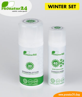 Sun cream SKIING SET: SPF 30 + 45 mineral sun protection, BIO ingredients, UVA, UVB, waterproof. NO CRUDE OIL, NO ALLERGENS, and much more.