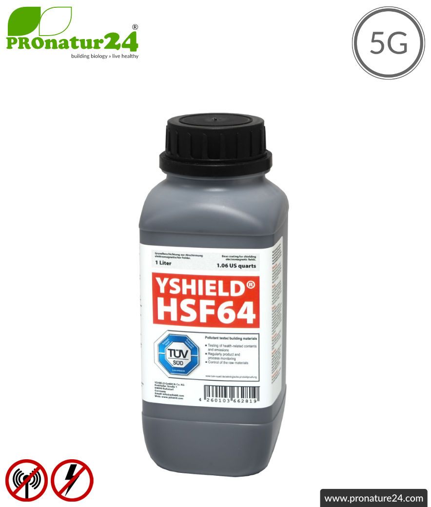 Shielding paint HSF64 from YSHIELD. HF shielding up to 54 dB. Earthing necessary. No preservatives – ideal for allergy sufferers. TÜV SÜD certified. Effective at 5G!