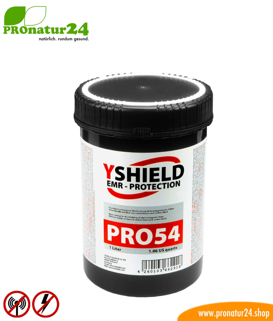 PRO54 shielding paint. HF attenuation of up to 40 dB, LF grounding mandatory. No graphite – does not fade. Technically the best by YSHIELD.
