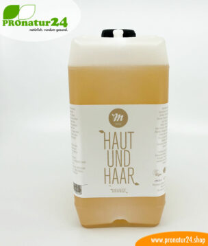 “All-in-one” Skin and Hair shampoo by UNI SAPON. With a fresh orange fragrance.