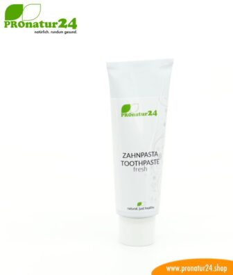 Toothpaste fresh. With a mineral brush and without fluorine / fluoride, without sugar * or artificial sweetener, without foaming surfactants and much more.