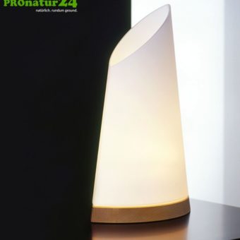 Shielded table lamp in sail shape, mouth blown opal glass, 41 cm height, beech wood base, E27 socket, 60 watt