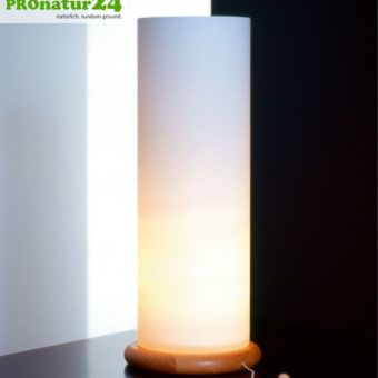 Shielded table lamp in cylinder form, mouth blown opal glass, 37 cm height, beech wood base, E27 socket, 40 watt