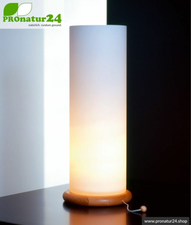 Shielded table lamp in cylinder form, mouth blown opal glass, 37 cm height, beech wood base, E27 socket, 40 Watt