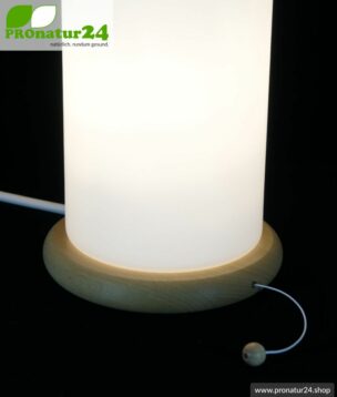 Shielded table lamp in cylinder form, mouth blown opal glass, 37 cm height, beech wood base, E27 socket, 40 Watt