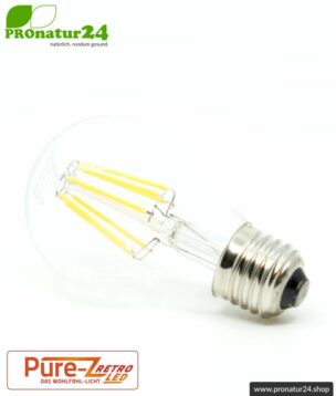 LED bulb filament Pure-Z-Retro BIO LIGHT, clear, E27, 8.2 watt, 970 lumen, warm white (2700 K). Corresponds to 80 Watt light output.