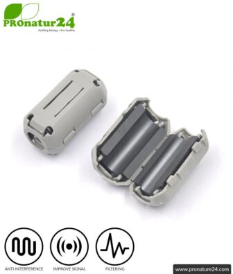FREE ferrite core filter against electrosmog in headset cable, grey, clickable, for 5 mm cable. 1x FERRITKERN GIFT!