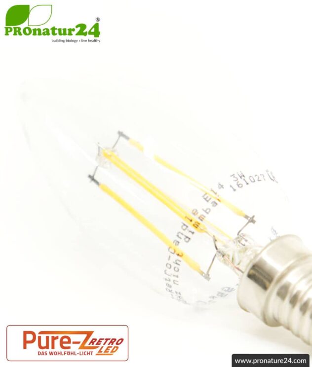 3 watts LED filament Candle Pure-Z-Retro BIO LIGHT | bright as 30 watts, 300 lumen | warm white (2700 Kelvin) | CRI >90, flicker-free (< 1%), E14
