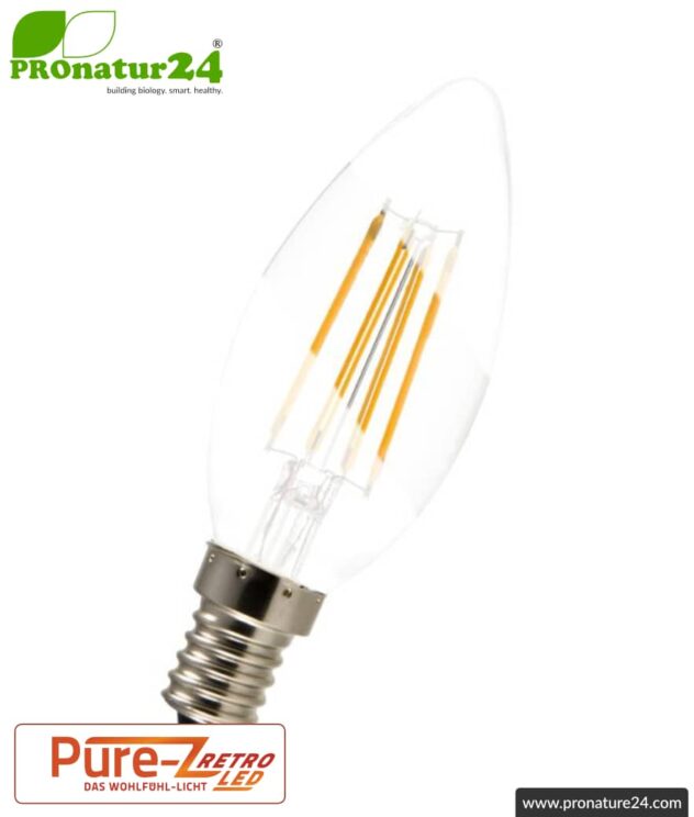 3 watts LED filament Candle Pure-Z-Retro BIO LIGHT | bright as 30 watts, 300 lumen | warm white (2700 Kelvin) | CRI >90, flicker-free (< 1%), E14 socket