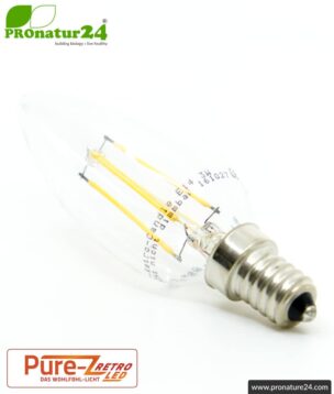 3 watts LED filament Candle Pure-Z-Retro BIO LIGHT | bright as 30 watts, 300 lumen | warm white (2700 Kelvin) | CRI >90, flicker-free (< 1%), E14