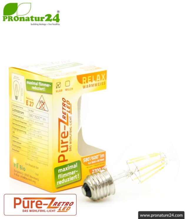 6.4 watts LED Filament Pure-Z-Retro BIO LIGHT | bright as 60 watts, 600 lumen | warm white (2700 Kelvin) | CRI >90, flicker-free (< 1%), E27