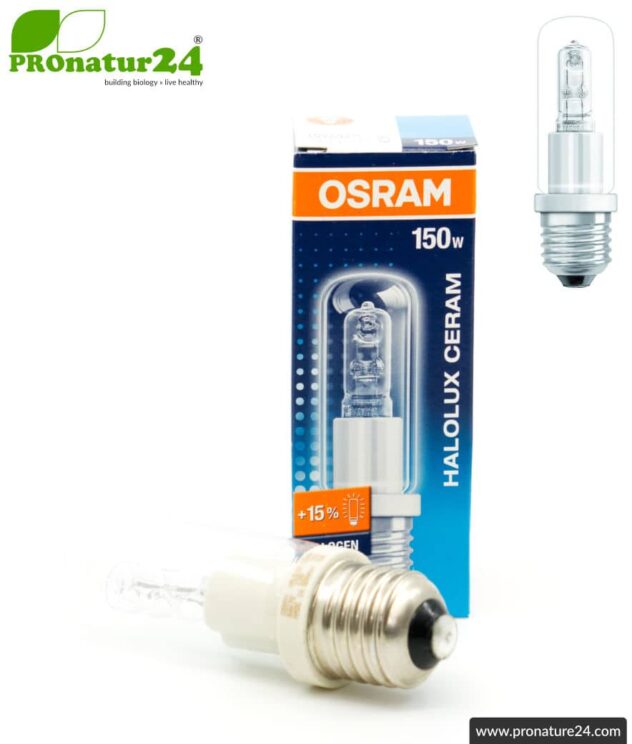 150 watts halogen lamp HALOLUX CERAM® | Model 64478 from OSRAM | 15 percent brighter than a 150 Watt light bulb | Warm white. E27.