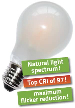 6.4 watts LED filament Pure-Z NEO from BioLicht | frosted glass | CRI 97 | bright as 55 watts, 650 lumen | warm white (2700 K) | flicker-free (< 1%), E27 socket