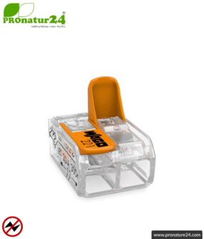 WAGO compact splicing connector, Series 221 | Model 221-412 | for 2 solid, fine-stranded and stranded conductors | Conductor cross-section 0.14mm² to 4mm² | 450V / 32 A | Alternative to luster terminal block