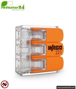 WAGO compact splicing connector, series 221 | Model 221-413 | for 3 solid, fine-stranded and stranded cables | Conductor cross-section 0.14mm² to 4mm² | 450V / 32 A | Alternative to classic connector blocks