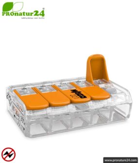 WAGO compact splicing connector, series 221 | Model 221-415 | for 5 solid, fine-stranded and stranded cables | Conductor cross-section 0.14mm² to 4mm² | 450V / 32 A | Alternative to classic connector blocks