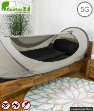 Pop up shielding tent SAFECAVE for single bed | throw up tent with 99.99% RF shielding effect (42 dB) | mobile electrosmog canopy | groundable