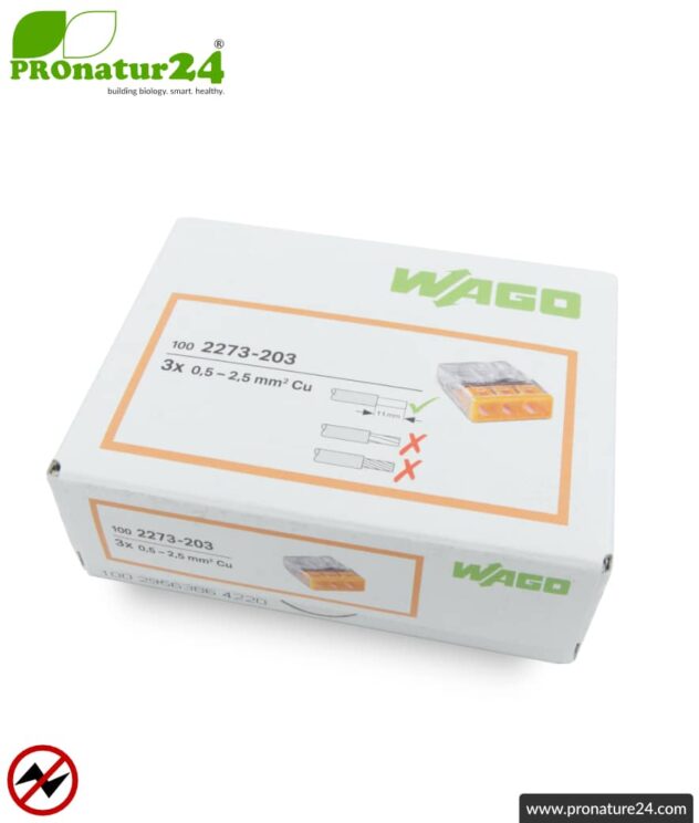 WAGO compact splicing connector | model 2273-203 | for 3 solid conductors | conductor cross-section 0.5 to 2.5 mm² | 450V / 24 A | 100 pieces per pack