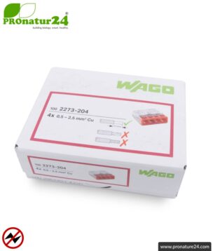WAGO compact splicing connector | model 2273-204 | for 4 solid conductors | conductor cross-section 0.5 to 2.5 mm² | 450V / 24 A | 100 pieces per pack