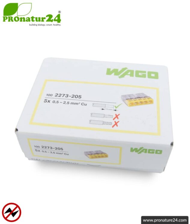 WAGO compact splicing connector | model 2273-205 | for 5 solid conductors | conductor cross-section 0.5 to 2.5 mm² | 450V / 24 A | 100 pieces per pack