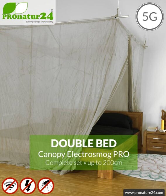 Shielding canopy Electrosmog PRO | 99.999% screening attentuation against WIFI, RF radiation (HF shielding up to 50dB) | groundable | effective against 5G! Double bed. Set.