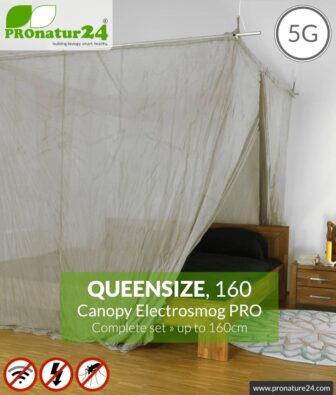 Shielding canopy Electrosmog PRO | 99.999% screening attentuation against WIFI, RF radiation (HF shielding up to 50dB) | groundable | effective against 5G! Queensize 160. Set.
