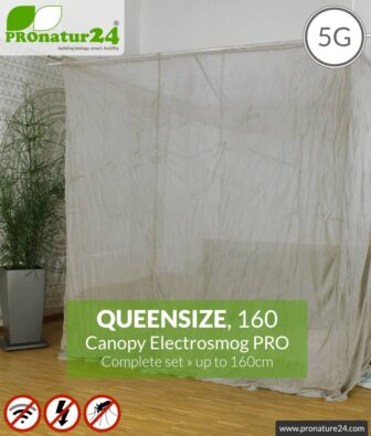 Shielding canopy Electrosmog PRO | 99.999% screening attentuation against WIFI, RF radiation (HF shielding up to 50dB) | groundable | effective against 5G! Queensize 160. Set.