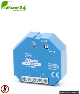Hand-held transmitter TX-NA16-HAND | 2-channel remote control | master switch set-up | building biology save radio technology according to EnOcean standard 15 Flush-mounted repeater RP-NA16-UP | level 1 + 2 repeater for mounting in installation box | master switch set-up | building biology safe wireless technology according to EnOcean standard