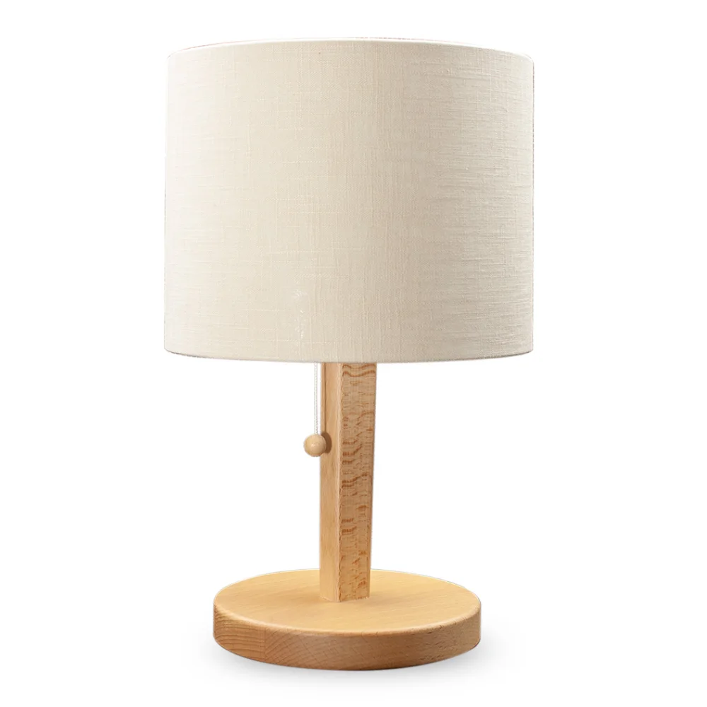 Shielded table lamp made of beechwood | Cylinder shape | NATURAL lampshade | made of natural cotton/linen (nettle fabric) | E27 socket. Feedimage.