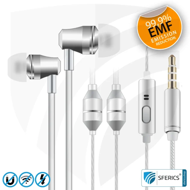 Air Tube In-Ear Stereo Headset with Microphone | SFERICS® AirTube SMART | radiation-free technology without electrosmog | white-silver | with jack plug