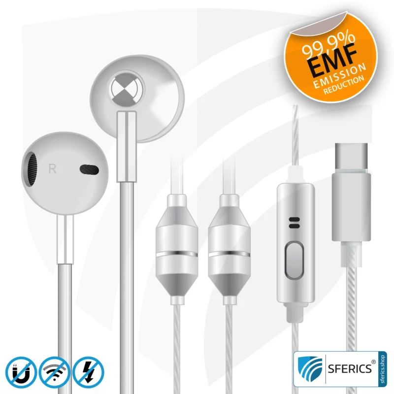 Radiation-Free SFERICS® AirTube MINI Stereo Headset with Microphone | Electrosmog-Reducing Headphones with AirTube Technology | White-Silver 14 Air Tube Stereo Headset with Microphone | SFERICS® AirTube MINI | radiation-free technology without electrosmog | white-silver | USB C plug