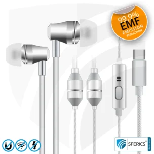 Air Tube In-Ear Stereo Headset with Microphone | SFERICS® AirTube SMART | radiation-free technology without electrosmog | white-silver | with USB C plug