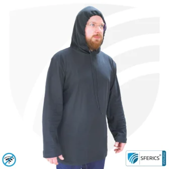 Shielding Hoodie | Long-sleeved T-shirt with hood | Protection up to 40 dB from RF electrosmog (mobile phone, WIFI, LTE) | Durable, made of Black-Jersey shielding fabric | 5G ready!