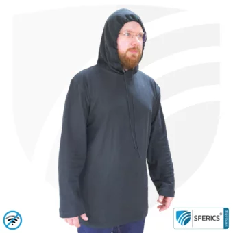 Shielding hoodie, black | Long-sleeved T-shirt with hood | Protection up to 40 dB from RF electrosmog (mobile phone, WIFI, LTE) | Durable, made of Black-Jersey shielding fabric | 5G ready!