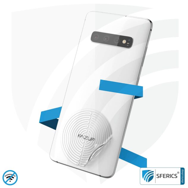 FAZUP silver | Passive antenna for reduction from mobile phone radiation | Innovative, metrological protection against electrosmog from iPhone, Samsung, Huawei | Stick on like harmonizing chip.