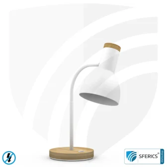 Shielded table lamp BERLIN | powder-coated, white | Gooseneck, rotatable in all directions | Bamboo wooden base | E14 socket + G9 adapter