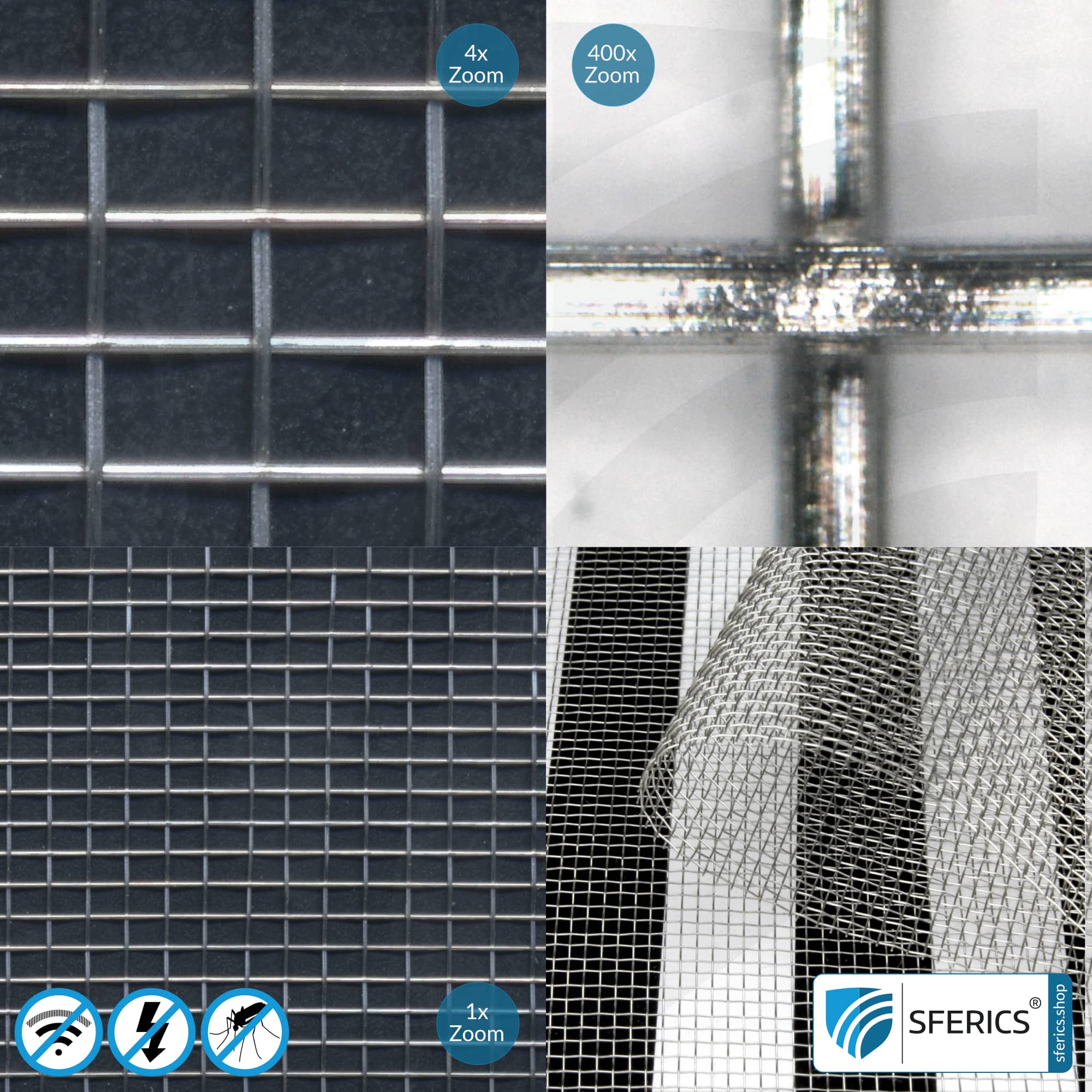 Shielding stainless steel gauze V4A10 | RF screening attenuation against electrosmog up to 40 dB | For laying. 90 cm width. 10 Shielding stainless steel gauze V4A10 | RF screening attenuation against electrosmog up to 40 dB | For laying. 90 cm width.