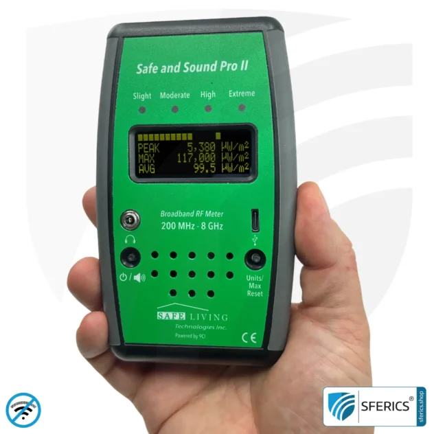 SAFE AND SOUND PRO 2 Electrosmog Detector | Unique measuring range up to 3.180.000 µW/m² | Semi-professional broadband HF measuring device for beginners | Detection of EMF radiation up to 8 GHz, including 5G! | Latest Model 2024