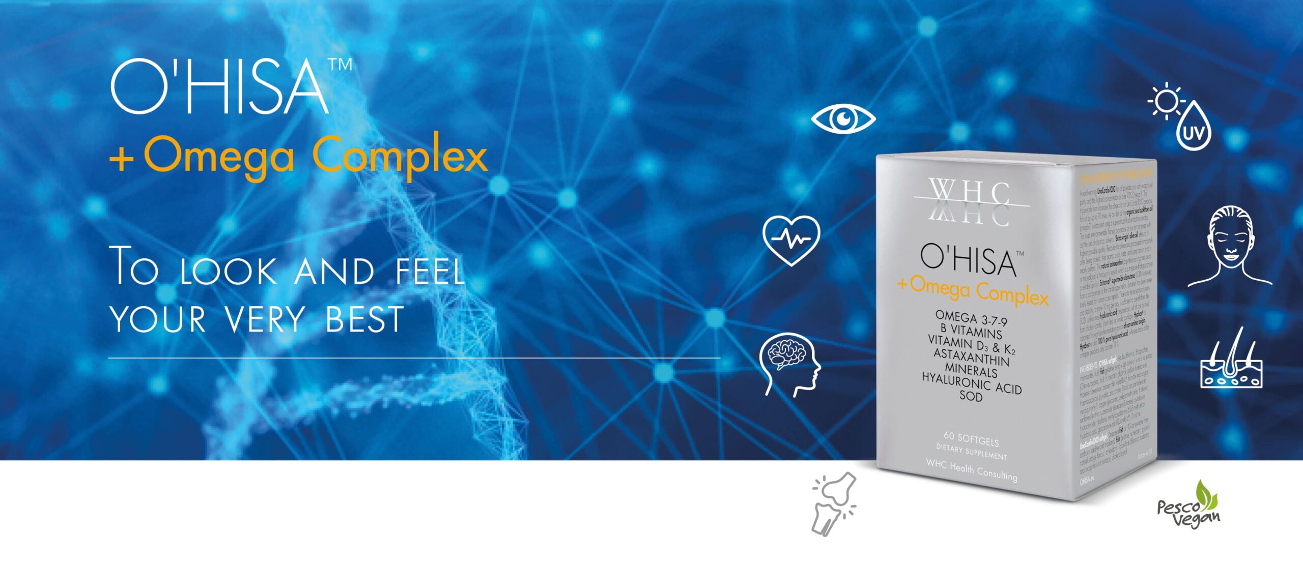 WHC O'HISA + Omega Complex | Omega-3 Fatty Acids, Vitamins, Minerals, Hyaluronic Acid, ... | 60 softgels (30+30) 14 WHC O'HISA™️ + Omega Complex | Omega-3 Fatty Acids, Vitamins, Minerals, ... your daily beauty care from within!