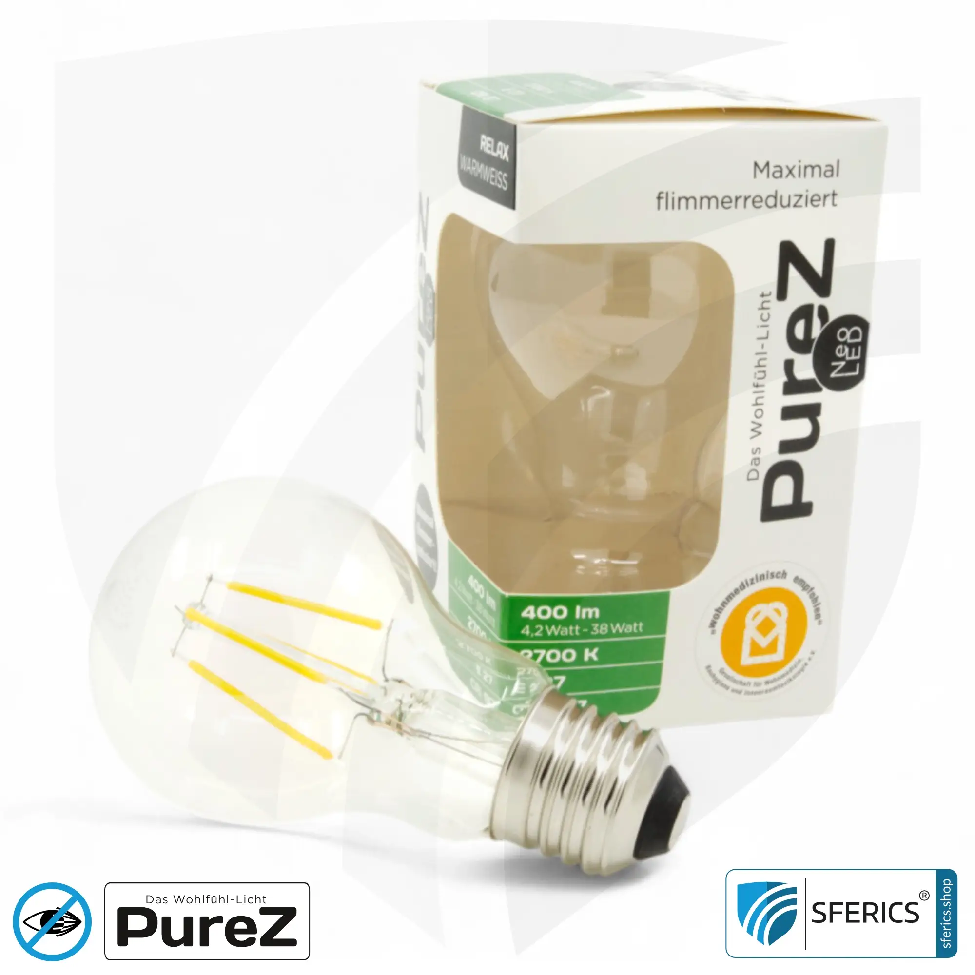 4,2 watt LED filament Pure-Z NEO | bright as 38 watts, 400 lumens | CRI 97 | flicker-free | warm white | E27 5 4,2 watt LED filament Pure-Z NEO | bright as 38 watts, 400 lumens | CRI 97 | flicker-free | warm white | E27 | clear