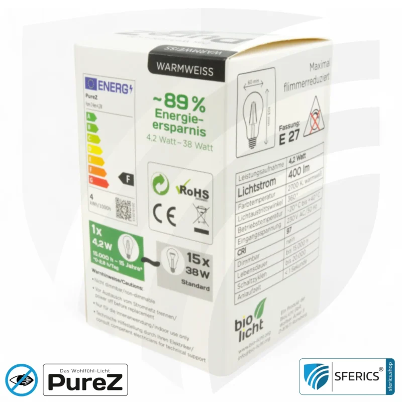 4,2 watt LED filament Pure-Z NEO | bright as 38 watts, 400 lumens | CRI 97 | flicker-free | warm white | E27 | clear