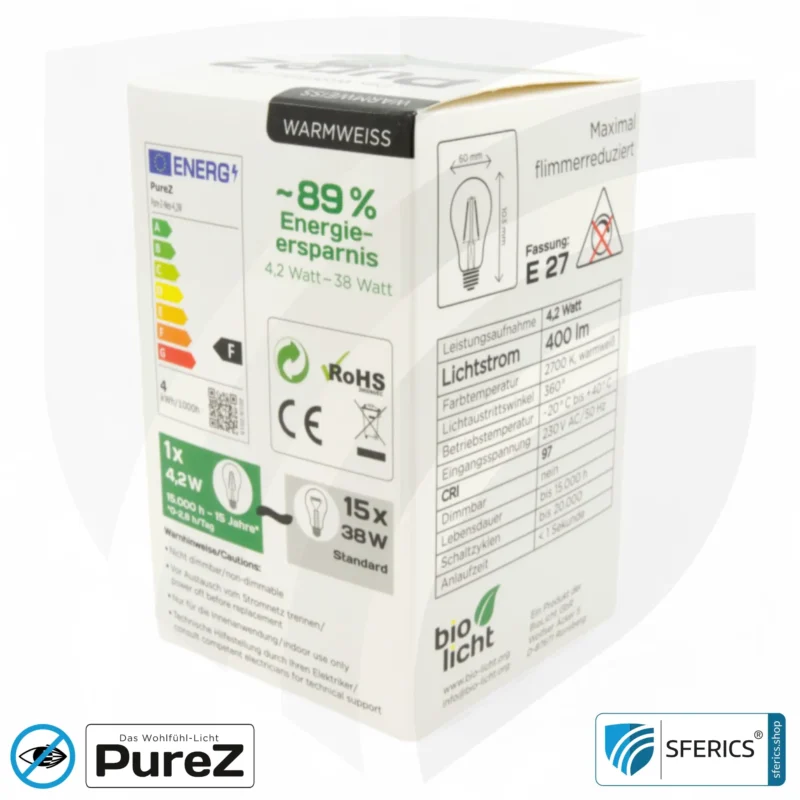 4,2 watt LED filament Pure-Z NEO | bright as 38 watts, 400 lumens | CRI 97 | flicker-free | warm white | E27 | frosted