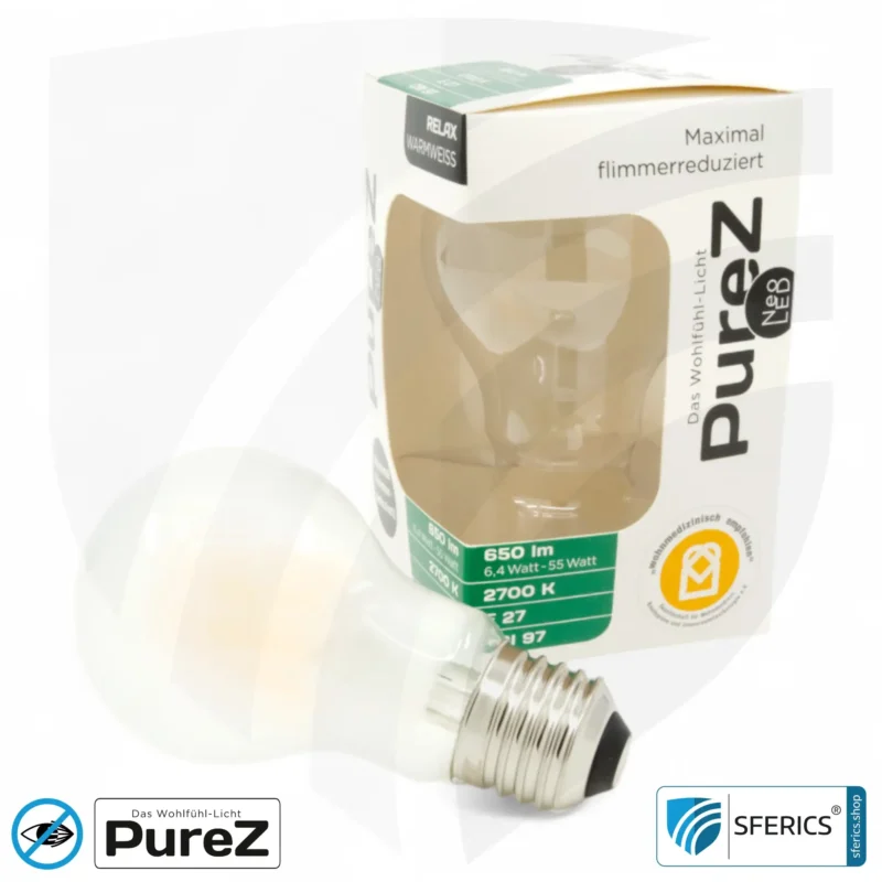 6,4 watt LED filament Pure-Z NEO | bright as 55 watts, 650 lumens | CRI 97 | flicker-free | warm white | E27. frosted.