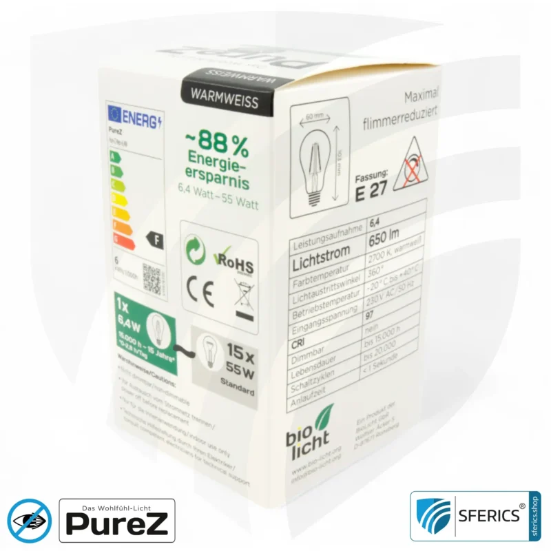 6,4 watt LED filament Pure-Z NEO | bright as 55 watts, 650 lumens | CRI 97 | flicker-free | warm white | E27. frosted.
