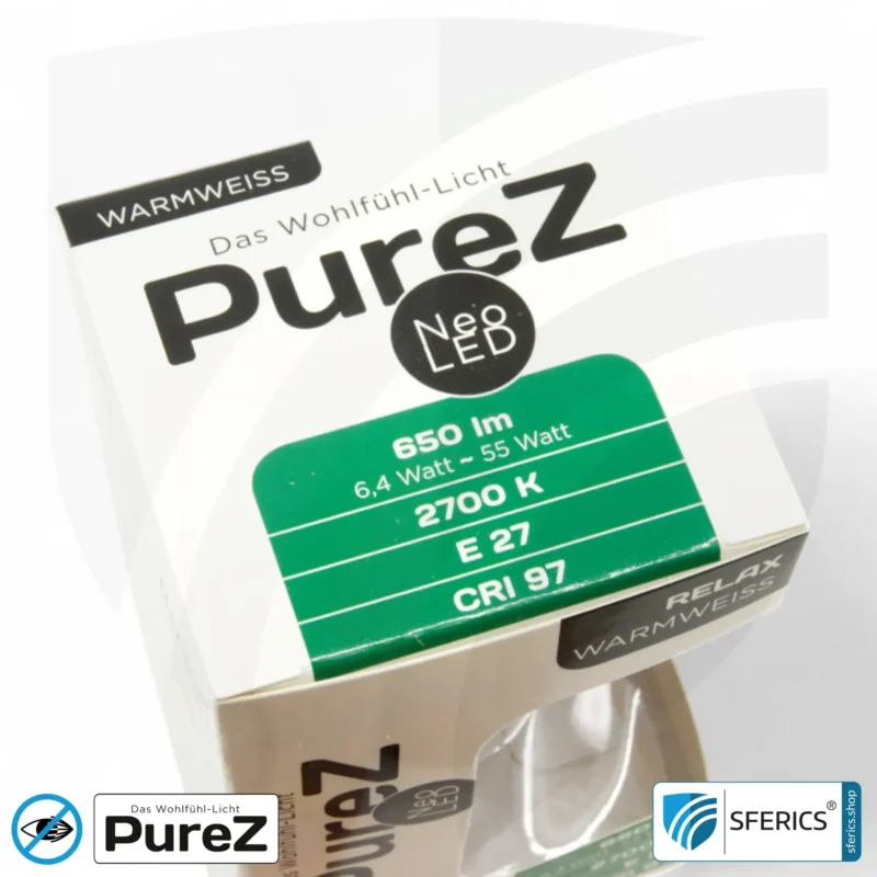 6,4 watt LED filament Pure-Z NEO | bright as 55 watts, 650 lumens | CRI 97 | flicker-free | warm white | E27. clear.