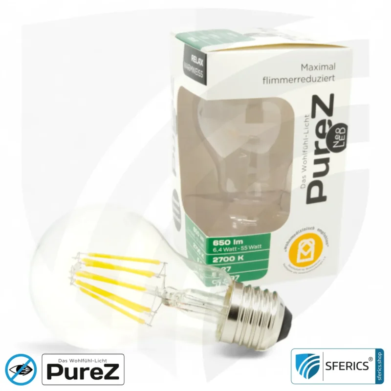6,4 watt LED filament Pure-Z NEO | bright as 55 watts, 650 lumens | CRI 97 | flicker-free | warm white | E27. clear.
