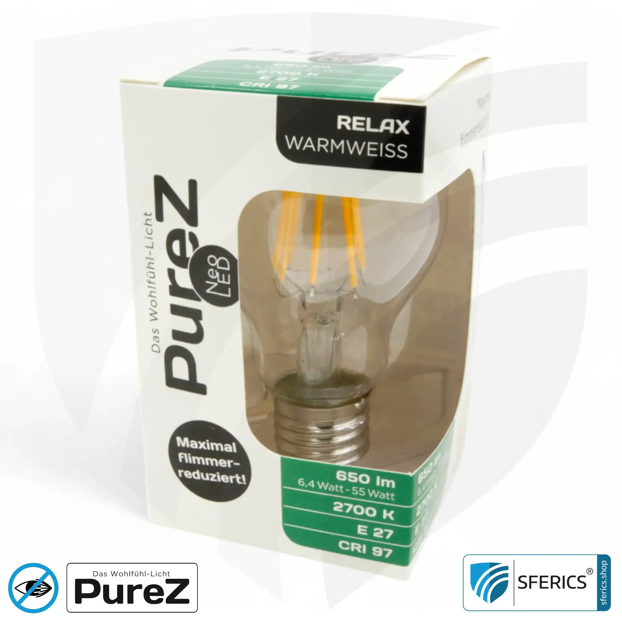 6,4 watt LED filament Pure-Z NEO | bright as 55 watts, 650 lumens | CRI 97 | flicker-free | warm white | E27 5 6,4 watt LED filament Pure-Z NEO | bright as 55 watts, 650 lumens | CRI 97 | flicker-free | warm white | E27. clear.