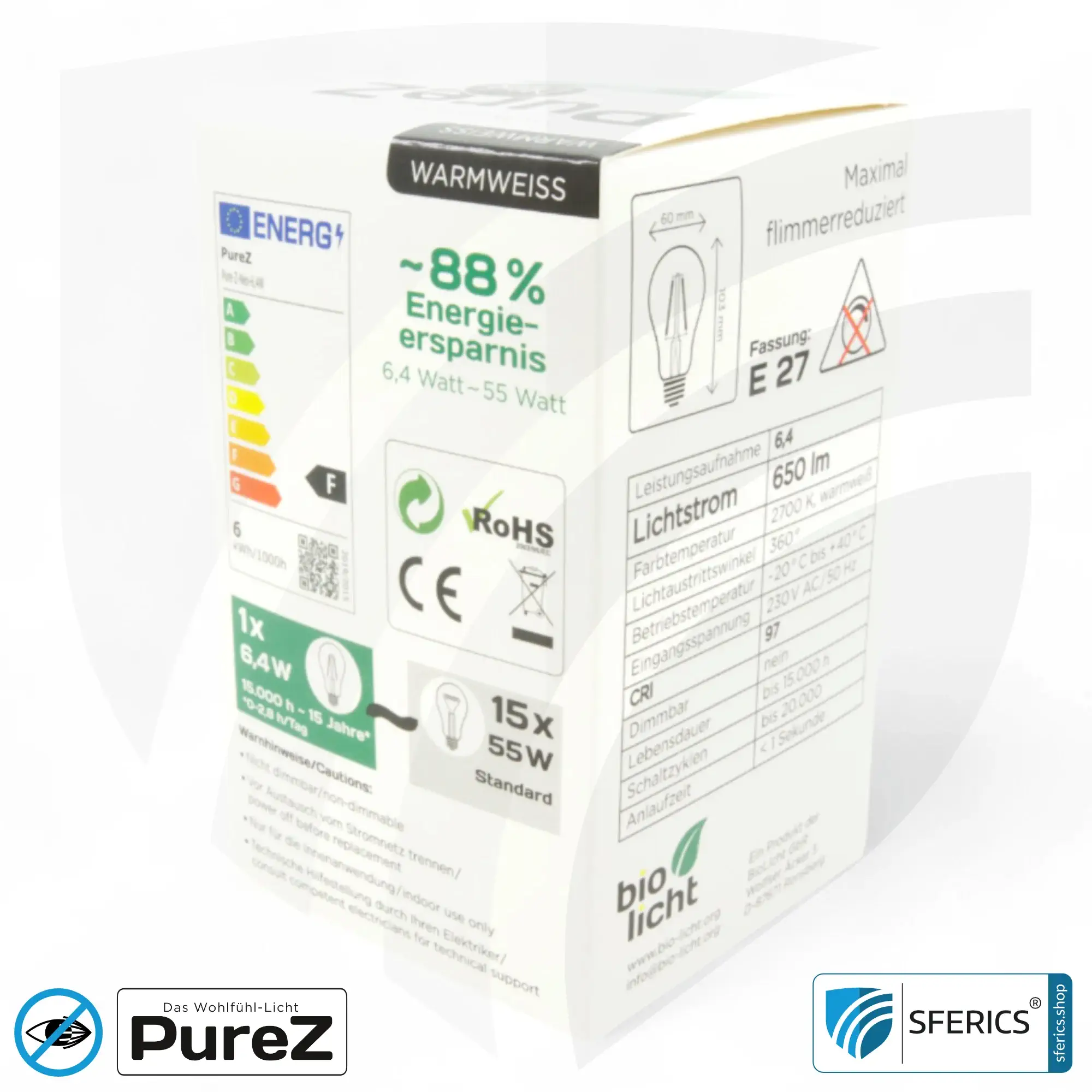 6,4 watt LED filament Pure-Z NEO | bright as 55 watts, 650 lumens | CRI 97 | flicker-free | warm white | E27 6 6,4 watt LED filament Pure-Z NEO | bright as 55 watts, 650 lumens | CRI 97 | flicker-free | warm white | E27. clear.