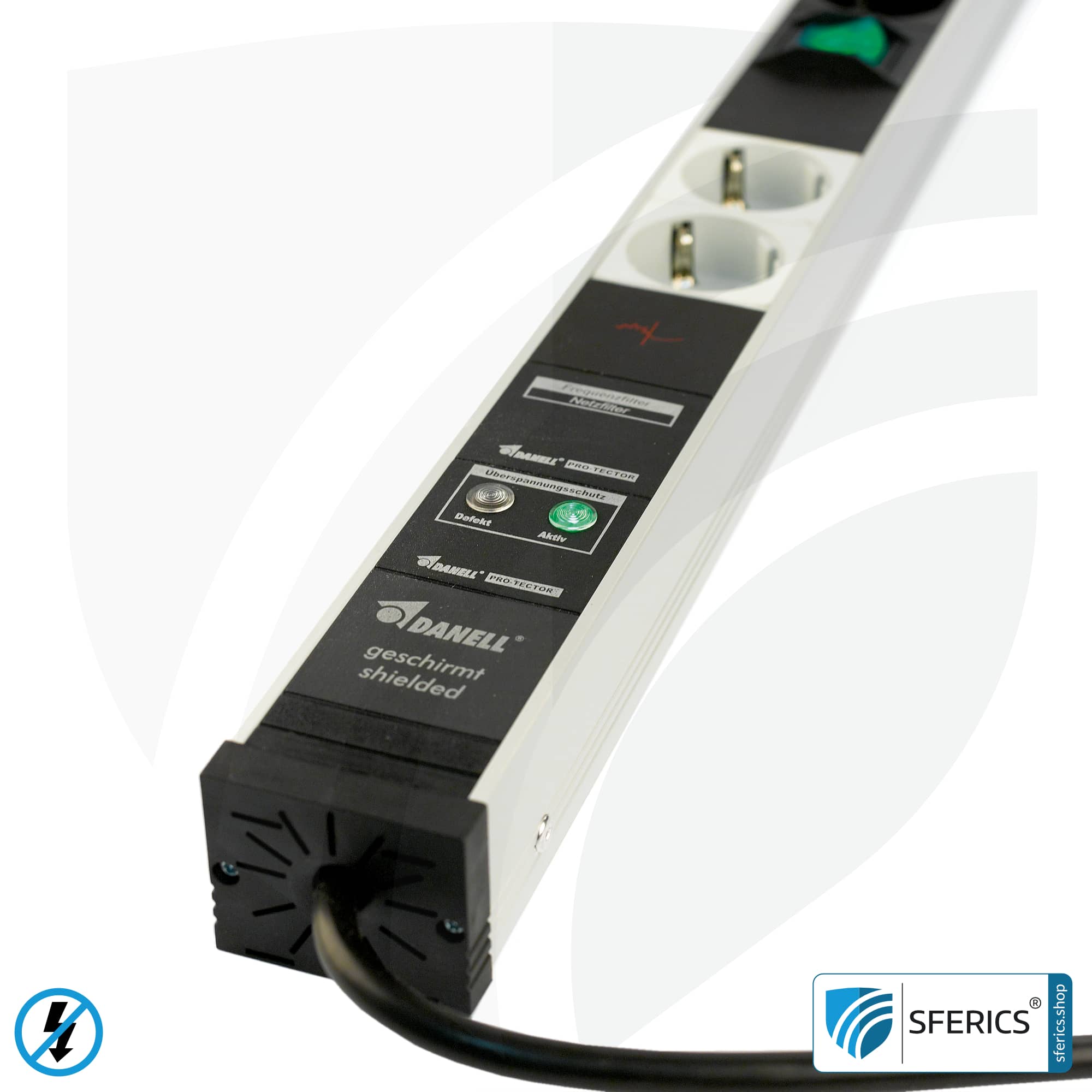 PC socket strip 6-way (4+2), shielded LF | with on/off switch, overvoltage protection and full protection HF filter system up to 80 MHz | type EF Schuko 4 PC socket strip 6-way (4+2), shielded LF | with on/off switch, overvoltage protection and full protection HF filter system up to 80 MHz | type EF Schuko