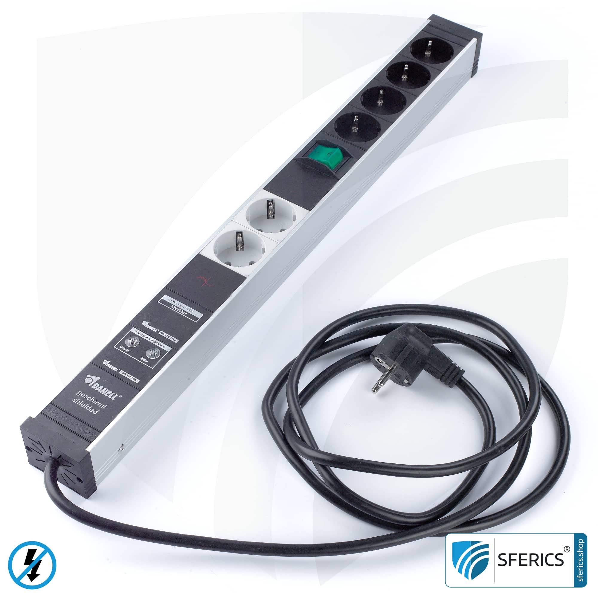PC socket strip 6-way (4+2), shielded LF | with on/off switch, overvoltage protection and full protection HF filter system up to 80 MHz | type EF Schuko 3 PC socket strip 6-way (4+2), shielded LF | with on/off switch, overvoltage protection and full protection HF filter system up to 80 MHz | type EF Schuko